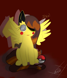 Size: 1300x1500 | Tagged: safe, artist:elementalares, imported from derpibooru, oc, oc:golden lily, pegasus, pikachu, clothes, cosplay, costume, crossover, female, hypnosis, hypnotized, mare, poké ball, pokéball, pokémon, solo, swirly eyes