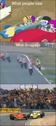 Size: 640x1440 | Tagged: safe, edit, edited screencap, imported from derpibooru, screencap, diamond tiara, rainbow dash, randolph, scootaloo, the cart before the ponies, car, comparison, ferrari, formula 1, gp500, image macro, meme, motogp, motorcycle, motorsport, race track, racecar, racing, renault