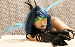 Size: 1280x800 | Tagged: safe, artist:flitzichen, imported from derpibooru, queen chrysalis, human, clothes, cosplay, costume, glowing eyes, irl, irl human, photo, solo