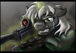 Size: 2891x2043 | Tagged: safe, artist:stormblaze-pegasus, imported from derpibooru, oc, oc only, oc:psalm, pony, unicorn, fallout equestria, fallout equestria: project horizons, crying, female, greaves, gritted teeth, gun, mare, rifle, scope, solo, weapon