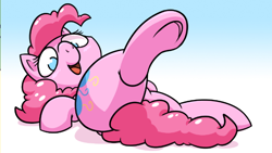 Size: 626x354 | Tagged: source needed, safe, artist:pokehidden, imported from derpibooru, pinkie pie, pony, cute, diapinkes, female, gradient background, no pupils, on back, open mouth, raised leg, solo, underhoof