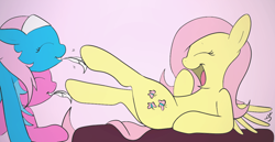 Size: 1088x561 | Tagged: safe, artist:mr square, artist:silver1kunai, imported from derpibooru, aloe, fluttershy, lotus blossom, feather, hoof tickling, laughing, open mouth, tickling