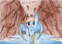 Size: 3372x2382 | Tagged: safe, artist:40kponyguy, derpibooru exclusive, imported from derpibooru, rainbow dash, both cutie marks, canyon, female, flying, looking at you, solo, traditional art, underhoof, upside down