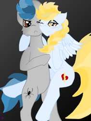 Size: 2155x2852 | Tagged: safe, imported from derpibooru, oc, oc only, oc:aria lightningheart, oc:shade ru, pegasus, pony, abstract background, angry, bedroom eyes, hug, multicolored hair, poking