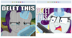 Size: 520x276 | Tagged: safe, imported from derpibooru, rarity, derpibooru, delet this, gun, juxtaposition, juxtaposition win, meme, meta, weapon