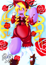 Size: 750x1050 | Tagged: safe, artist:shutters nagel, imported from derpibooru, twilight sparkle, human, pony, unicorn, anime, blushing, body pillow, body pillow design, bonnet, character to character, clothes, crossover, female, flower, horrified, human to pony, japanese, rose, rozen maiden, shinku, solo, torn clothes, transformation