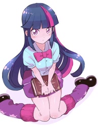 Size: 539x700 | Tagged: safe, artist:44gomi, imported from derpibooru, twilight sparkle, equestria girls, adorkable, book, clothes, cute, dork, female, kneeling, leg warmers, legs, looking at you, moe, neck bow, pleated skirt, shoes, simple background, skirt, socks, solo, twiabetes, twilight sparkle (alicorn)
