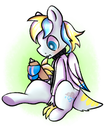 Size: 1200x1450 | Tagged: safe, artist:honeybone, imported from derpibooru, oc, oc only, oc:cirrus sky, hippogriff, original species, blushing, clipboard, clothes, confused, cutie mark, lab coat, necktie, scrunchy face, simple background, sitting, solo, talons, transparent background, wing hands