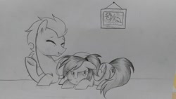 Size: 960x540 | Tagged: safe, artist:darkynez, imported from derpibooru, rainbow dash, soarin', pony, male, monochrome, pregnant, shipping, soarindash, straight, traditional art