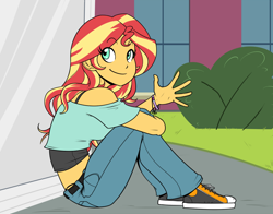 Size: 1200x941 | Tagged: safe, artist:reiduran, imported from derpibooru, sunset shimmer, equestria girls, alternate clothes, beautiful, bracelet, bronybait, bush, clothes, converse, cute, female, implied twilight sparkle, jeans, jewelry, midriff, panties, pants, shimmerbetes, shoes, short shirt, sitting, smiling, sneakers, solo, thong, tomboy, underwear, waving