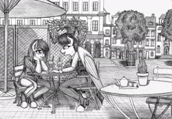 Size: 1645x1148 | Tagged: safe, artist:mach-volt, imported from derpibooru, oc, oc only, oc:rain dancer, oc:summer breeze, anthro, earth pony, pegasus, anthro oc, building, cafe, city, lunch, monochrome, sketch, talking, traditional art