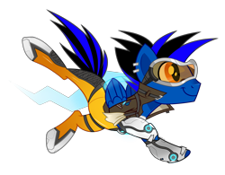 Size: 3853x3009 | Tagged: safe, artist:wicklesmack, imported from derpibooru, oc, oc only, oc:music dash, pegasus, pony, clothes, costume, crossover, futuristic, goggles, male, overwatch, solo, stallion, tracer