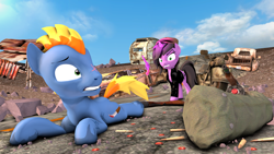 Size: 2400x1350 | Tagged: safe, artist:hellhounds04, imported from derpibooru, oc, oc only, earth pony, pony, unicorn, 3d, car, duo, fallout, gun, handgun, junkyard, magic, motorcycle, revolver