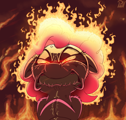 Size: 2530x2412 | Tagged: safe, artist:pirill, imported from derpibooru, pinkie pie, earth pony, pony, angry, bloodshot eyes, evil, female, fire, floppy ears, looking at you, mane of fire, mare, newbie artist training grounds, nightmare, pinkie promise, rage, solo