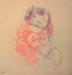 Size: 776x807 | Tagged: safe, artist:annielith, imported from derpibooru, pinkie pie, rarity, pony, female, lesbian, mare, raripie, shipping, traditional art