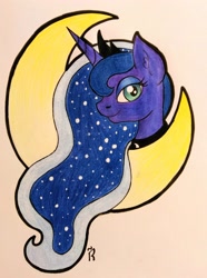 Size: 2836x3816 | Tagged: safe, artist:dawn-designs-art, imported from derpibooru, princess luna, bust, female, moon, portrait, solo, traditional art