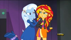 Size: 1920x1080 | Tagged: safe, imported from derpibooru, screencap, sunset shimmer, trixie, equestria girls, rainbow rocks, discovery family logo