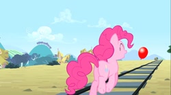 Size: 1100x618 | Tagged: safe, imported from derpibooru, screencap, pinkie pie, earth pony, pony, three's a crowd, balloon, butt, female, mare, open mouth, plot, solo