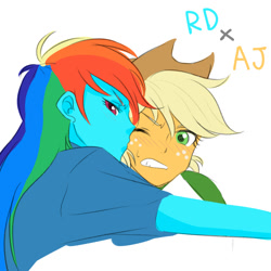 Size: 1000x1000 | Tagged: safe, artist:raika0306, imported from derpibooru, applejack, rainbow dash, equestria girls, appledash, blushing, female, kissing, lesbian, pixiv, shipping