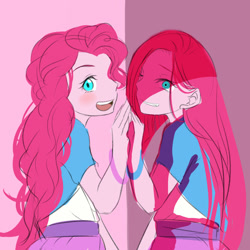 Size: 1000x1000 | Tagged: safe, artist:raika0306, imported from derpibooru, pinkamena diane pie, pinkie pie, equestria girls, duality, humanized, pixiv