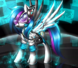 Size: 2048x1792 | Tagged: safe, artist:hoodiefoxy, imported from derpibooru, oc, oc only, oc:ray light, pegasus, pony, bag, clothes, electricity, goggles, headphones, headset, solo