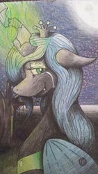 Size: 581x1032 | Tagged: dead source, safe, artist:justthemadponi, imported from derpibooru, queen chrysalis, changeling, changeling queen, crying, female, magic, smiling, solo, traditional art