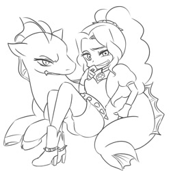 Size: 1000x1000 | Tagged: safe, artist:raika0306, imported from derpibooru, adagio dazzle, hippocampus, merpony, siren, equestria girls, rainbow rocks, delicious flat chest, duality, flatdagio dazzle, human paradox, human sirendox, monochrome, self sirendox