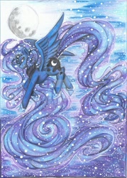 Size: 1024x1428 | Tagged: safe, artist:creepy-cake-mix, imported from derpibooru, princess luna, female, flying, grin, moon, smiling, solo, traditional art, watermark