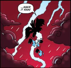 Size: 627x595 | Tagged: safe, artist:tonyfleecs, idw, imported from derpibooru, rainbow dash, pegasus, pony, ponies of dark water, spoiler:comic, spoiler:comic45, batman, bucket, cloud, cropped, female, lightning, mare, official comic, parody, rain, red sky, silhouette, speech bubble, storm, the dark knight returns, thunder