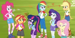 Size: 1346x691 | Tagged: safe, edit, edited screencap, imported from derpibooru, screencap, applejack, fluttershy, pinkie pie, rainbow dash, rarity, sci-twi, sunset shimmer, twilight sparkle, equestria girls, legend of everfree, appledash, female, fluttershipper, humane five, humane seven, humane six, implied shipping, lesbian, pinkiedash, raridash, scitwishimmer, shipper on deck, shipping, sunsetsparkle