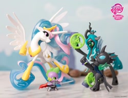 Size: 2048x1579 | Tagged: safe, imported from derpibooru, princess celestia, queen chrysalis, spike, thorax, changeling, fan series, guardians of harmony, my little pony logo, official, toy