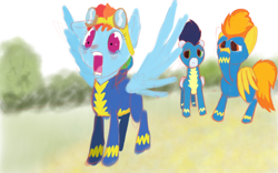 Size: 1280x800 | Tagged: safe, artist:steadfast hoof, imported from derpibooru, rainbow dash, soarin', spitfire, pony, daily doodle spikedash prompt, implied spike, pity, sad, surprised