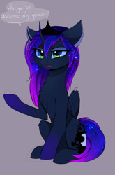 Size: 1268x1920 | Tagged: safe, artist:magnaluna, imported from derpibooru, princess luna, alicorn, pony, bat wings, chest fluff, crown, curved horn, did you just assume my gender?, ear fluff, eyeshadow, female, fluffy, gender, gradient eyes, gray background, jewelry, leg fluff, makeup, open mouth, raised hoof, regalia, simple background, sitting, social justice warrior, solo, speech bubble, triggered, wings