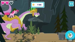 Size: 957x540 | Tagged: safe, imported from derpibooru, screencap, pinkie pie, spike, dragon, earth pony, pony, armor, dragon armor, duo, female, game, game screencap, guardians of harmony, helmet, implied changeling, mare, minigame, official, pinkie pie riding spike, ponies riding dragons, riding, spikezilla
