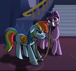Size: 800x750 | Tagged: safe, artist:suxt0hax, imported from derpibooru, rainbow dash, twilight sparkle, pony, angry, arrested, bound wings, collar, cuffs, female, leash, lesbian, mare, mouth hold, prisoner rd, restrained, shackles, shipping, smiling, smug, twidash, wing boot