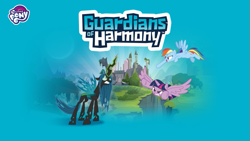 Size: 855x482 | Tagged: safe, imported from derpibooru, queen chrysalis, rainbow dash, twilight sparkle, alicorn, pony, angry, castle of the royal pony sisters, flying, game, guardians of harmony, minigame, my little pony logo, official, twilight sparkle (alicorn)
