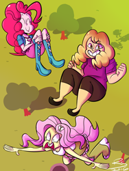 Size: 3000x4000 | Tagged: safe, artist:rodscorpion, imported from derpibooru, fluttershy, pinkie pie, bronycon 2016, equestria girls, andrea libman, boots, breasts, cleavage, clothes, cute, female, high heel boots, high heels, shoes, skirt, socks, tanktop, trampoline, voice actor