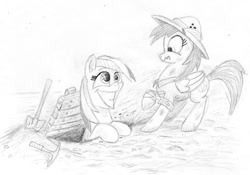 Size: 930x650 | Tagged: safe, artist:t72b, derpibooru exclusive, imported from derpibooru, daring do, rainbow dash, grin, monochrome, newbie artist training grounds, smiling, traditional art