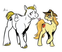 Size: 1280x1082 | Tagged: safe, artist:rwl, imported from derpibooru, braeburn, bulk biceps, blushing, bulkburn, crack shipping, date, everypony's gay for braeburn, flower, gay, male, rose, shipping