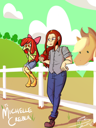 Size: 3000x4000 | Tagged: safe, artist:rodscorpion, imported from derpibooru, apple bloom, applejack, bronycon 2016, equestria girls, boots, bow, clothes, jeans, michelle creber, pants, red hair, shirt, shoes, voice actor