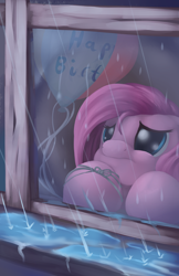 Size: 3300x5100 | Tagged: safe, artist:grennadder, imported from derpibooru, pinkie pie, balloon, female, pinkamena diane pie, rain, sad, solo, window