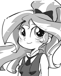 Size: 500x623 | Tagged: safe, artist:k-nattoh, imported from derpibooru, sunset shimmer, equestria girls, alternate hairstyle, cute, female, grayscale, moe, monochrome, necktie, ponytail, shimmerbetes, simple background, solo, white background