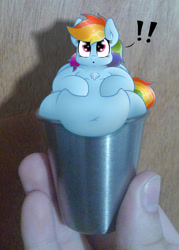 Size: 1223x1709 | Tagged: safe, artist:dullpoint, imported from derpibooru, rainbow dash, pony, belly button, chest fluff, chubby, cup, cup of pony, exclamation point, fat, hand, irl, large belly, micro, obese, photo, ponies in real life, rainblob dash, tiny ponies