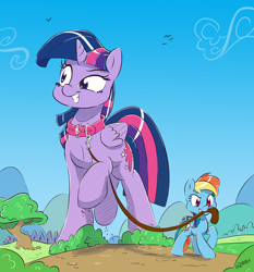 Size: 3728x4000 | Tagged: safe, artist:dilarus, deleted from derpibooru, imported from derpibooru, rainbow dash, twilight sparkle, alicorn, pony, behaving like a dog, collar, female, giantess, grin, leash, lesbian, macro, mare, mouth hold, outdoors, pet play, raised hoof, raised leg, shipping, size difference, smiling, smoldash, twidash, twilight sparkle (alicorn), walking