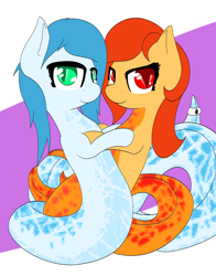 Size: 4224x5386 | Tagged: source needed, safe, artist:ampderg, imported from derpibooru, oc, oc only, oc:arctic scales, oc:volcanic scales, lamia, original species, absurd resolution, cuddling, cute, mood ring, sisters, snuggling