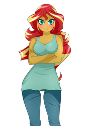 Size: 2000x2700 | Tagged: safe, artist:backgrounduser, imported from derpibooru, sunset shimmer, equestria girls, breasts, busty sunset shimmer, clothes, crossed arms, cute, female, looking at you, pants, simple background, smiling, solo, tanktop, transparent background