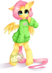 Size: 905x1280 | Tagged: safe, artist:erdbeerjoghurt, imported from derpibooru, fluttershy, semi-anthro, blushing, bottomless, clothes, cute, female, looking at you, partial nudity, shyabetes, simple background, solo, sweater, sweatershy, watermark