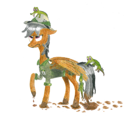 Size: 2656x2489 | Tagged: safe, artist:pony-from-everfree, imported from derpibooru, daring do, crocodile, clothes, female, hat, hoofprints, mud, shirt, solo, traditional art