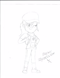 Size: 2544x3296 | Tagged: safe, imported from derpibooru, rainbow dash, human, baseball cap, belly button, female, hat, humanized, monochrome, one eye closed, ponytail, sneakers, solo, wink