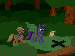 Size: 1024x768 | Tagged: safe, artist:soanos, imported from derpibooru, oc, oc only, earth pony, pony, unicorn, forest, magic, mouth hold, saddle bag, scroll, shovel, x